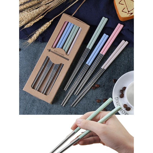 K-Bom Chopsticks, Stainless Steel, Metal, Antibacterial, Korean Chopsticks, Anti-Slip, My Chopsticks Set of 4, 4 Colors, Durable, Durable, Dishwasher Safe