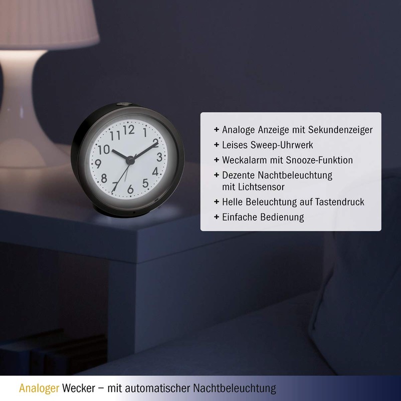 TFA Dostmann Analogue Alarm Clock 60.1034.01 with Sweep Movement Night