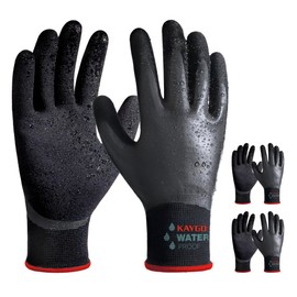 KAYGO Waterproof Work Gloves for Men and Women with Double Latex Coated, Non-Slip Super Grip for Gardening Car Washing Fish Cleaning (Black, S, 3 Pairs)