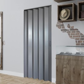 DIYHD 36X96in Interior Folding PVC Accordion Door,Grey,Include Door and Mounting Hardware,Handle,Latch,Folded Width 5-1/8"
