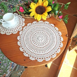 1 Piece Lace Doilies, Crochet Doilies, Handmade Crochet Round Placemat, Cotton Placemat, Lace Doilies, Embroidery Table Placemat, Coaster, Flower Mat for Wedding, Birthday, Beige 33-35 cm
