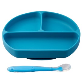 PAPU BABY Plato con divisiones y cuchara de silicón para bebés. Libres de BPA. Plato con succión. Silicón de grado alimenticio. Alimentación independiente. (Azul Indigo)
