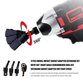 Impact Adapter Extension Set 3 PCS Swivel Impact Driver Socket Drill Adapter Set Rotatable 1/4” Hex Bit Universal Joint+ Right Angle Drill Attachment 105°Angled Screwdriver Drill Bit Holder Extension
