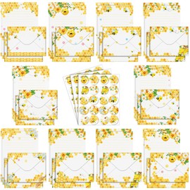 TaoBary 160 Packs Stationery Paper Set (50 Double Sided Stationery Writing Papers 50 Matching Envelopes) 60 Round Dot Sticker, 10 Design(Bee,8.25 x5.5 Inch)