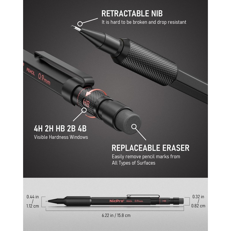 Nicpro 0.9 Metal Mechanical Pencil Set with Case, 3PCS Hevey
