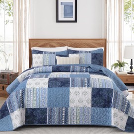 Dintszyayue Blue Patchwork Quilt Set Queen Size,3 Pieces Boho Bedspread Coverlet Set Plaid Bohemian Quilt Bedding Set Reversible Bed Cover Soft Lightweight Coverlet Set (Queen,96"x90")