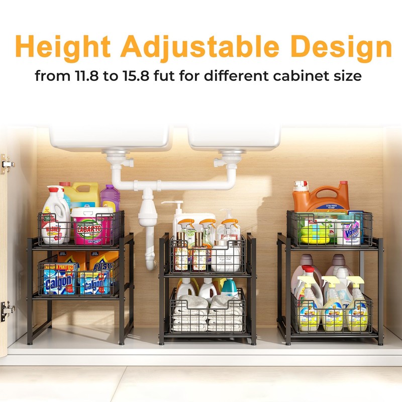 Under Sink Organizer, 2-Tier Pull Out Cabinet Organizer, Kitchen Bathroom