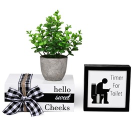 ASPMIZ Bathroom Shelf Decor Signs, Decorative Books for Home Decors, Fake Plants, Toilet Timer, Wooden Farmhosue Bathroom Decor, Funny Rustic Decorations for Restroom Shelf (Hello Sweet Cheeks)