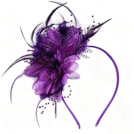 WIWUFUE Purple Flower Headband, Floral Feather Hairband with Pearl Design Party Headband for Women Wedding Headpiece Fascinator Party Hair Accessories Carnival Hair Hoop