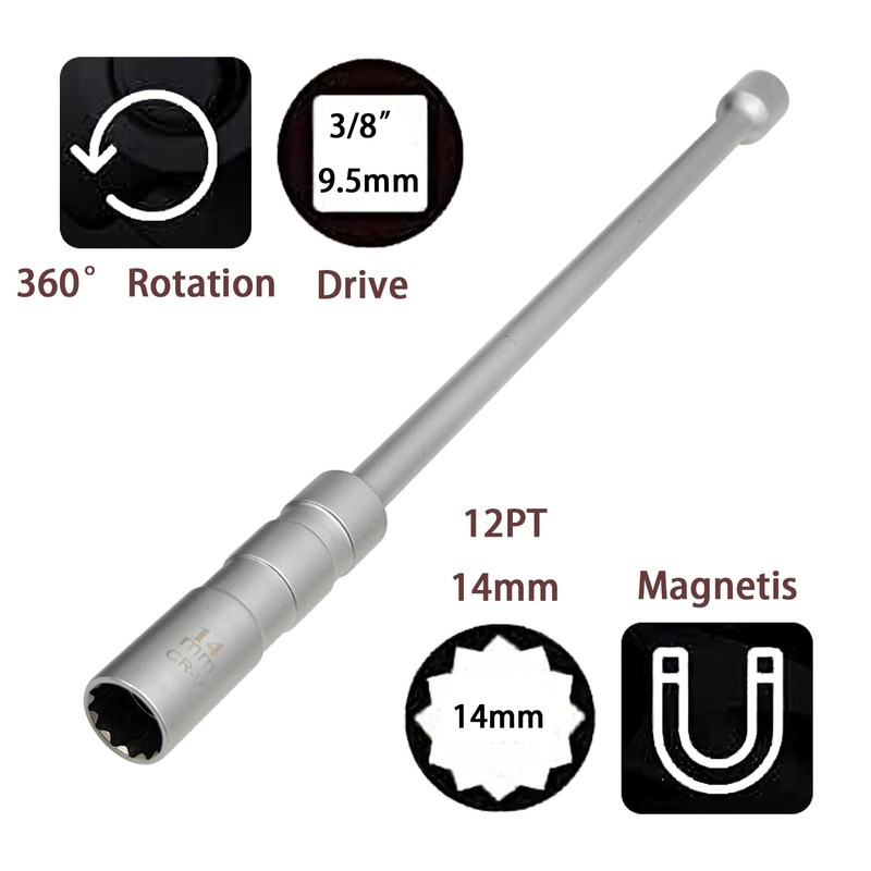 ZKTOOL 14mm Long Rod Universal Joint Magnetic Spark Plug Wrench,