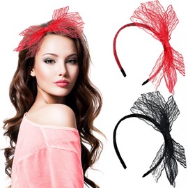 Neptniopllab 2 Pieces Neon Lace Bow Headband,Elastic Women's 1980s Neon Lace Headband for Women, Good for Carnival, Christmas Party, Daily Decoration (Red and black, standard)