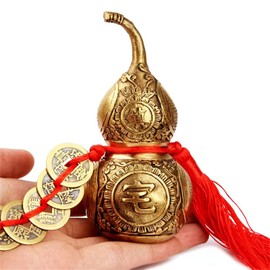 Brass Good Luck Wu Lou Hu Lu Gourd Chinese Feng Shui Luck and Treasure for Housewarming Gifts Home Decoration Peaceful Copper Statue Collectible Figure Sculpture Charm Amulet