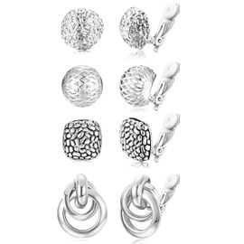 Kakonia 4Pairs Clip On Earrings for Women Gold Silver Clip On Hoop Earrings Chunky Teardrop Clip Earrings Twist Round Clip On Stud Earrings No Piercing Fake Earrings Set-s