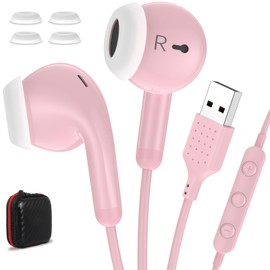 USB Earbuds for PC Laptop Computer with Mic Wired Headphones 7.5FT Pink