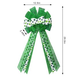Large St. Patrick's Day Wreath Bows, Green Glitter Bows for Wreath Green Shamrock Bows for Front Door St. Patrick's Day Hanging Bows Ornaments White Irish Holiday Yarn Bows for Outdoor Party Decor