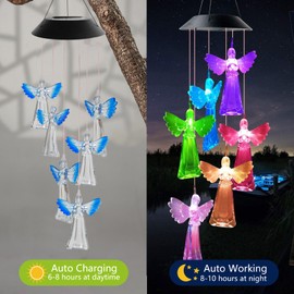 Solar Wind Chimes Lights, 7 Color Changing Angel Wind Chimes for Outside Garden Hanging Decor, LED Wind Chime Angels Solar Lights Outdoor Waterproof, Angel Gifts for Women Mom Grandma (Blue)