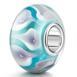 MATERIA by Matthias Wagner Glass Bead Turquoise Purple Flowers Charm 925 Silver Air Bubbles 805, Glass