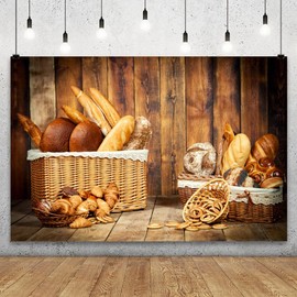 YongFoto Bakery Baking Backdrop 5x3ft Bread Basket Vintage Wood Wall Photography Background Baby Shower Birthday Party Banner Baby Baker Portrait Photoshoot Wallpaper Photo Studio Booth Props