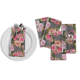S4Sassy Grey Stripe & Ranunculus Floral Cotton Napkin Printed Everyday Basic Washable Table Linen 18 x 18(Pack of 6)