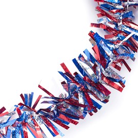 Anderson's Three-Color Iridescent Shimmer/Glitter Sparkle Garland, Red, Blue, Silver - 4 inches Wide x 25 feet Long