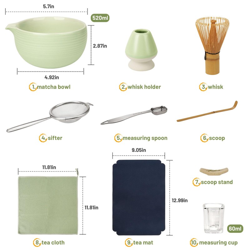 Joiish 10-Pcs Matcha Kit Set, Whisk and Bowl with Spout