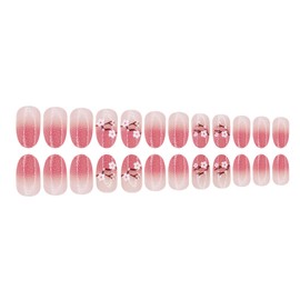 Short Press on Nails Oval Fake Nails with Glitter Flower Designs Pink Gradient Nails Press ons Glossy Glue on Nails Cute Acrylic Nails Spring False Nails Summer Stick on Nails for Women 24Pcs