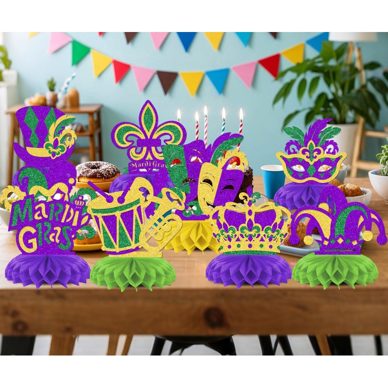 KEWUFD 8PCS Happy Mardi Gras Honeycomb Centerpieces Mardi Gras Decorations