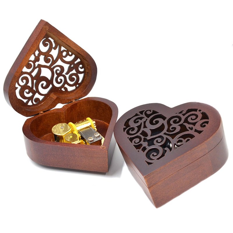 Antique Engraved Wooden Wind-Up Musical Box,Edelweiss Musical Box,with Gold-Plating Movement