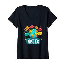 Womens It Starts With Hello Friendship Inclusion Language Teacher V-Neck T-Shirt