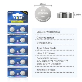 YKM 377 SR626SW Watch Battery LR626 377/376 V377 377a AG4 1.55V Silver Oxide Button Batteries 10 Pack