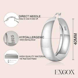 EXGOX Gold Hoop Earrings for Women Sterling Silver Post Hoops Earrings for Women Wide Thick Silver Hoop Earrings Hypoallergenic Lightweight 14k Real Gold Plated Hoop Large Earrings (25/30/40/50MM)