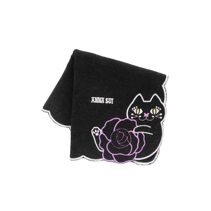 ANNA SUI 109482-0011-04 Towel Handkerchief, Rose & Cat Embroidery, Black