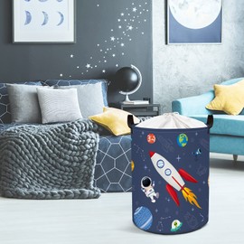 Clastyle 45L Rocket Astronaut Laundry Hamper for Bedroom Waterproof Collapsible Blue Universe Toys Storage Basket with Drawstring, 14.2 * 17.7 in