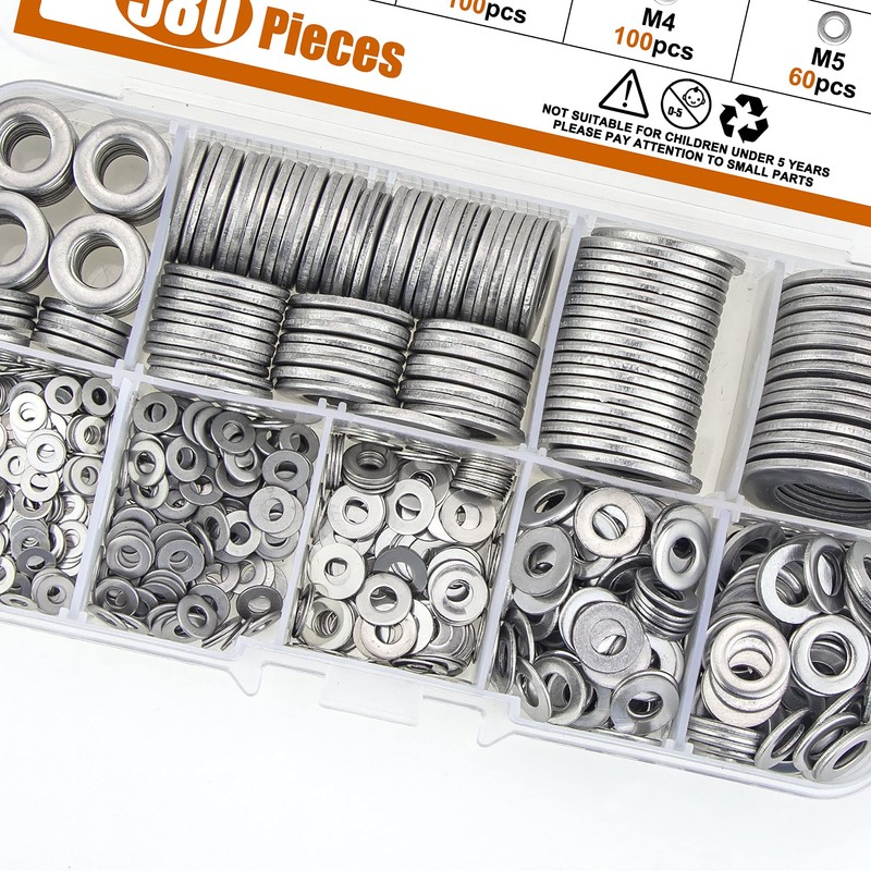 ISPINNER 580pcs Flat Washers, 304 Stainless Steel Washers 9 Sizes