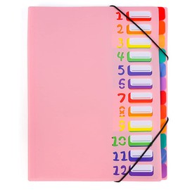 Expanding File Folder A4 Letter Size 12 Compartments Accordion Document Organiser Colourful File Folder for School Office Conferences Storage and Documents Expanding Folder (Pink)