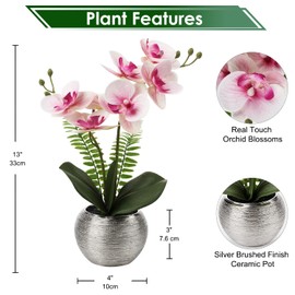 Briful Fake Orchid Fake Flowers 13'' Pink Orchids Artificial Flowers with Silver Ceramic Vase Faux Orchid for Home Office Decor Indoor
