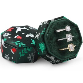 WantGor Velvet Ring Box, 3 Slots Jewelry Ring Gift Box Vintage Ring Display Holder Case for Wedding Ceremony Proposal Engagement (Christmas Green)