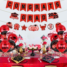 Ushinemi Graduation Decorations 2025 Congrats Grad Banner Class of 2025 Decor, Red Graduation Decorations with Balloons Congrats Party Supplies