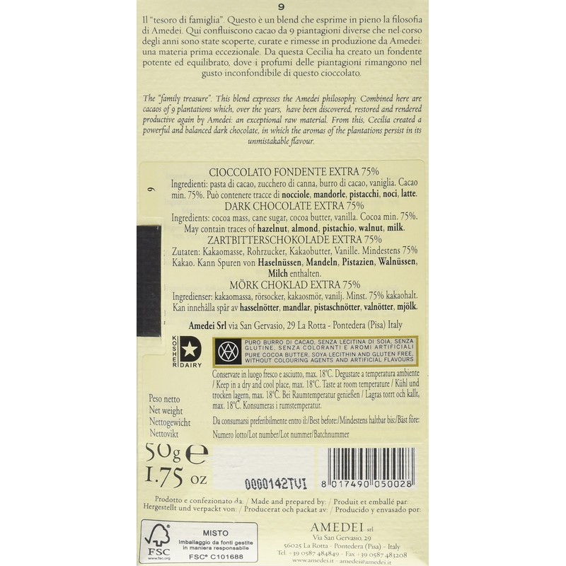 Amedei Signature '9' Blend Dark Chocolate Bar, 75% Cocoa