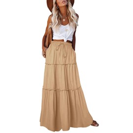 Punude Women's 2025 Summer Skirt High Waist Flowy A Line Boho Skirt Maxi Skirt with Pockets Beige 2XL