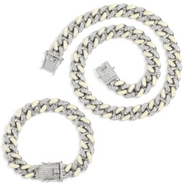 JUNVirtuous 2 Pieces Cuban Link Chain Mens Iced Out Miami Cuban Necklace and Bracelet Silver Bling Diamond Hip Hop Jewelry for Men and Women… (Silver Luminous, 8" Bracelet and 18" Necklace)