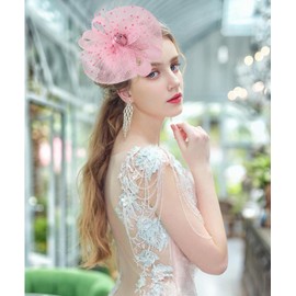 Unpifolov Fascinators Hats Tea Party Feathers Headband Wedding Derby Cocktail Hair Clip Flower Mesh Headwear for Girls and Women T-15 Pink