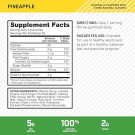 Optimum Nutrition Creatine Monohydrate Gummies, Pineapple Flavor, 105 Count, 35 Servings, 5g Creatine per Serving (Packaging May Vary)