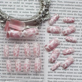 24 Pcs Medium Square Press on Nails Pink Fake Nails Artificial Full Cover False Nails with White Crackle Cool Feel Designs Acrylic Glossy Nails Stick on Nails for Women and Girls Nail Accessories