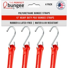 The Perfect Bungee® 12" Heavy-Duty Polyurethane Bungee Strap, 4-Pack, Red – Durable, Flexible, Weatherproof, Long-Lasting, Made in USA – Ideal for Outdoor, Marine, Camping, and Cargo Use