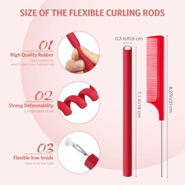 Syhood 30 Pieces Flexible Curling Rods Twist Hair Rollers Soft Foam Rods No Heat and 1 Pcs Steel Rat Tail Comb for Women Long and Short Hair(7 x 0.39 Inch,Red)