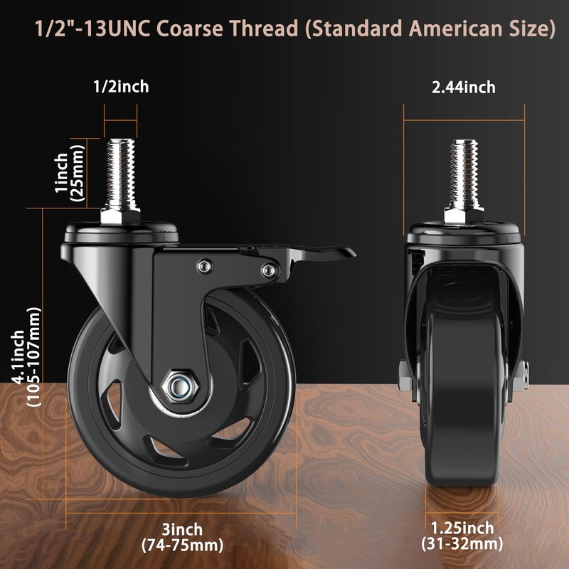 Casters Set of 4,3 inch Threaded Stem Caster Wheels,1/2"-13 x
