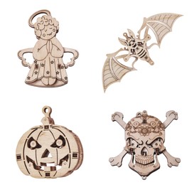 Wood Trick Set of Mini 3D Puzzles - Bat, Angel, Skull, Pumpkin - 3D Wooden Puzzle - Great STEM Project for Beginners