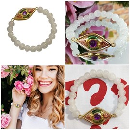 Heavens Tvcz Thai Buddha Amulet Bracelet Natural White Stone Round Bangle Energy for Women Men Charms with Pendant Naga Eye Purple Lucky Bring Money Wealth Powerful Success in Life 8.80mm.