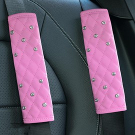 Dotesy 4 Packs Leather Seat Belt Shoulder Pads with Bling Rhinestones Car Seat Belt Covers for Women Universal Fit (Bling-Pink, 2 Packs Seatbelt Pads)